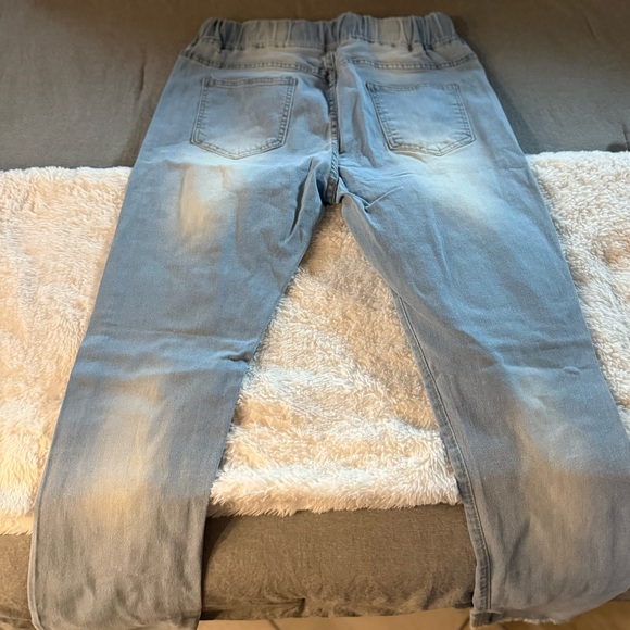 High Waist Skinny Stretch distressed pull on Jeans. Drawstring Elastic Waist. - Picture 4 of 6